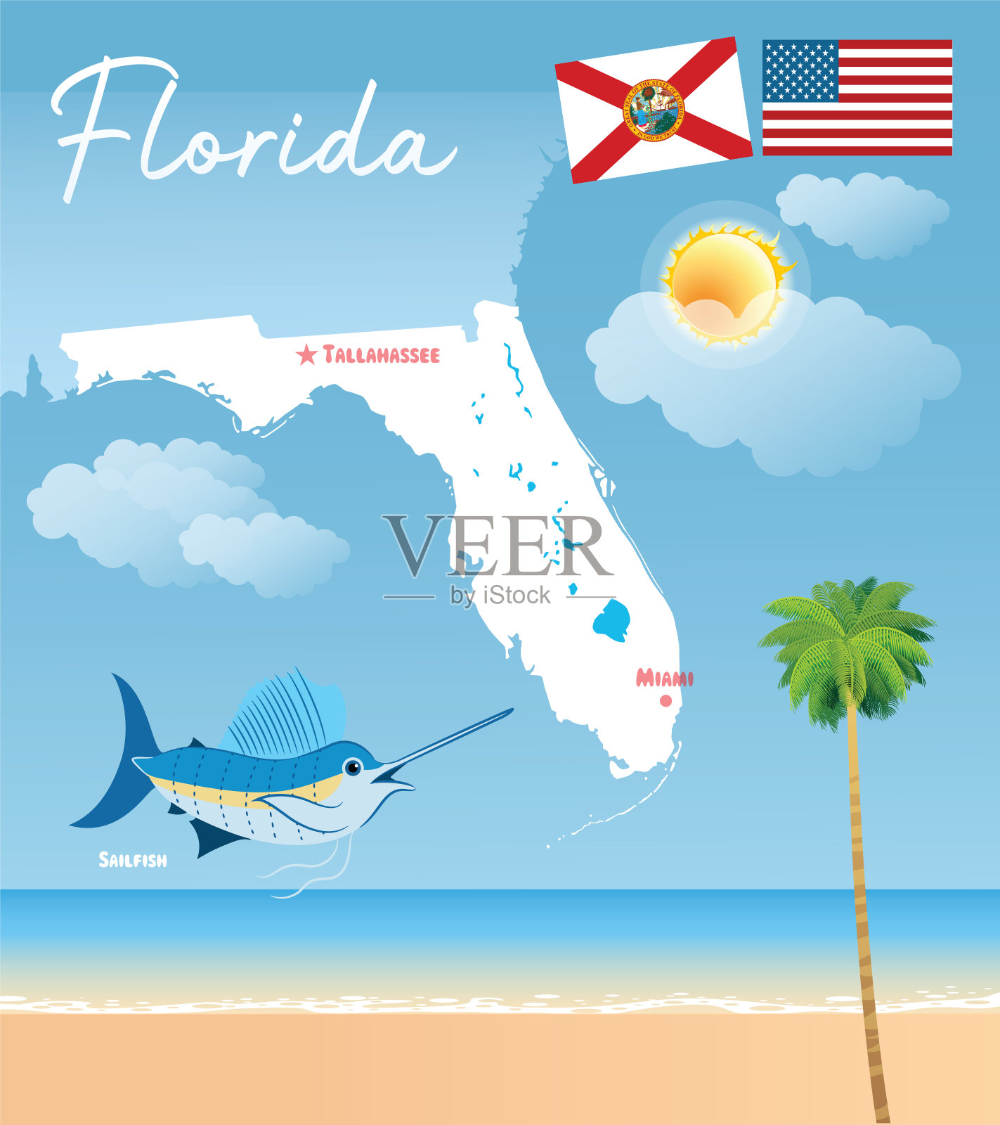 佛罗里达地图和旗鱼，Istiophorus插画图片素材