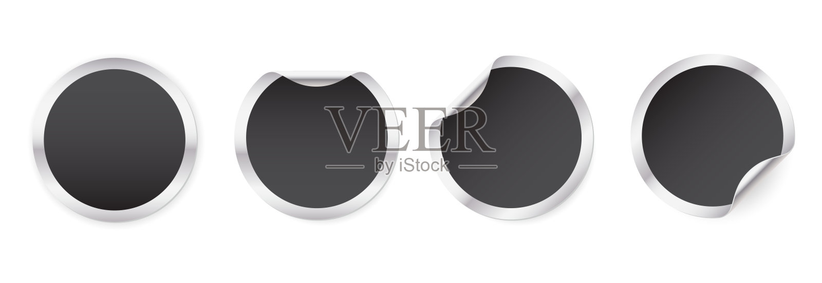 一套金属圆形胶粘贴与一个黑圈。有卷曲角的空白圆纸标签模板。插画图片素材