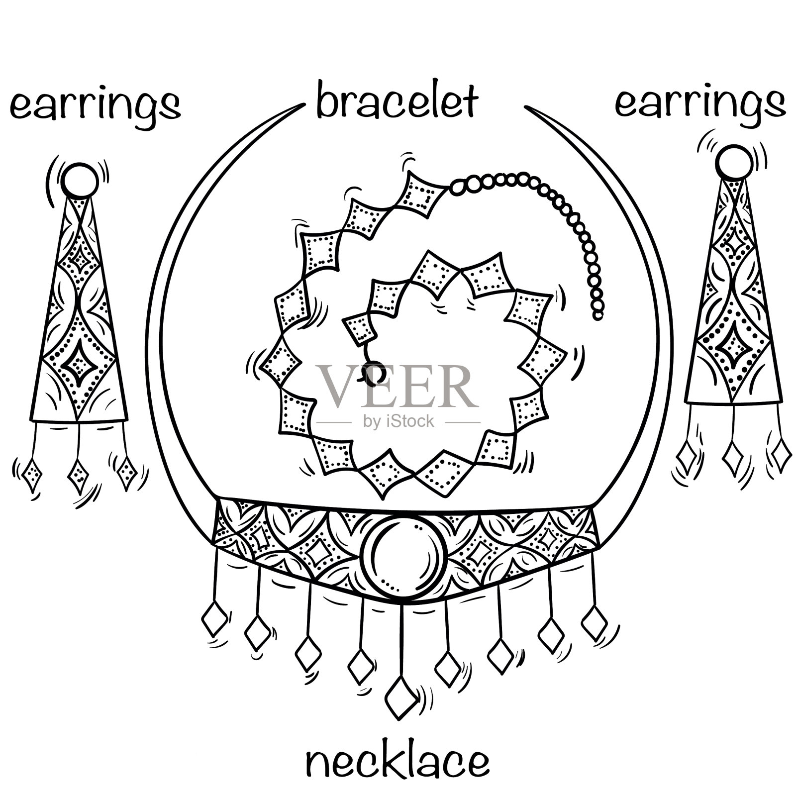 手工制作的项链、手镯和耳环插画图片素材