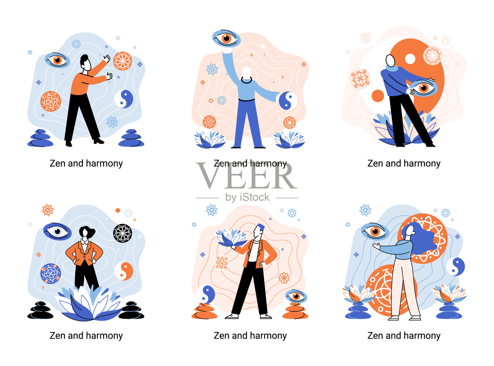 禅与和谐的隐喻，冥想的练习。平衡，和谐和正念的概念。冷静的人放松插画图片素材