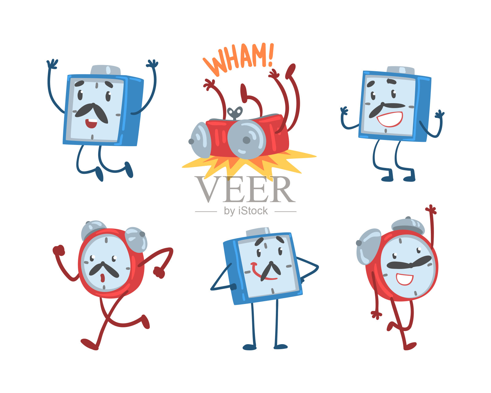 蓝色和红色闹钟字符与有趣的表情向量集插画图片素材