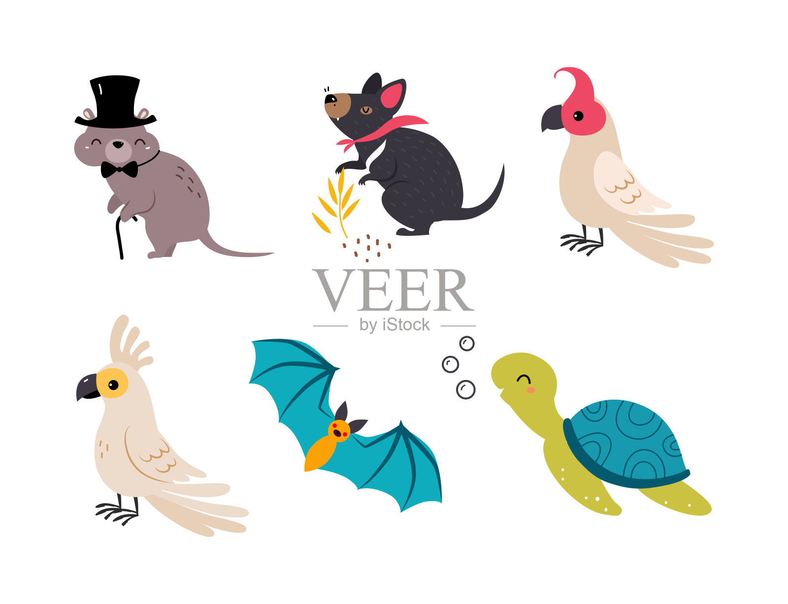 可爱的澳大利亚动物与短尾矮袋鼠，塔斯马尼亚魔鬼，鹦鹉，蝙蝠和海龟矢量集插画图片素材