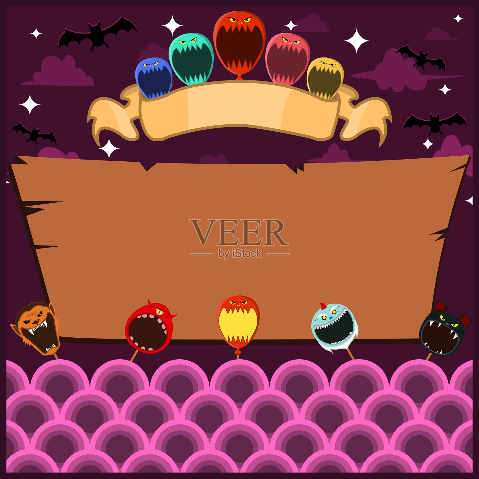 万圣节贺卡与面具怪物空白插画图片素材