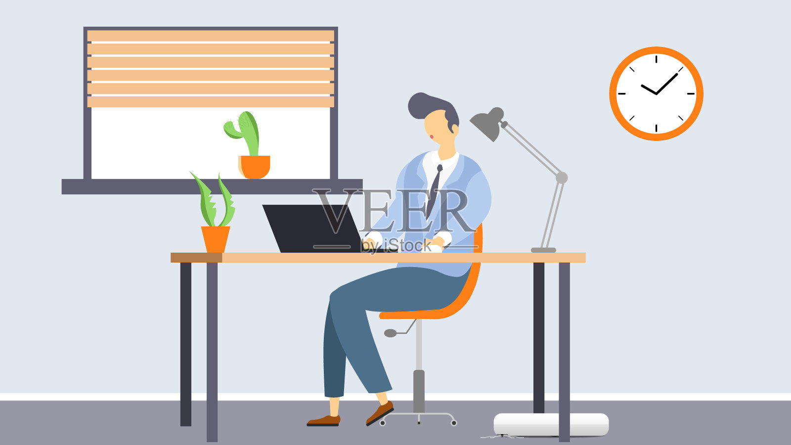 在办公室的插图中，一个男人正在使用一个机器人真空吸尘器插画图片素材