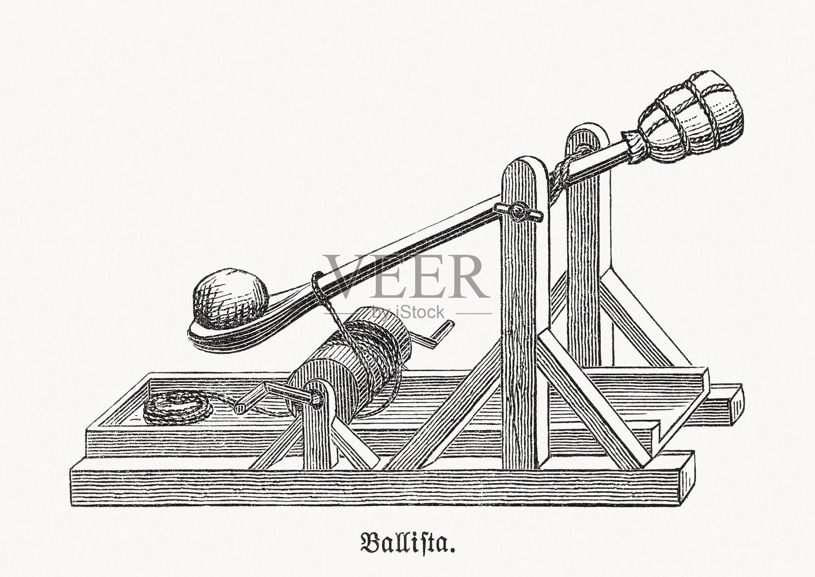 弹弓(弩炮)-历史上的导弹，木刻，出版于1893年插画图片素材