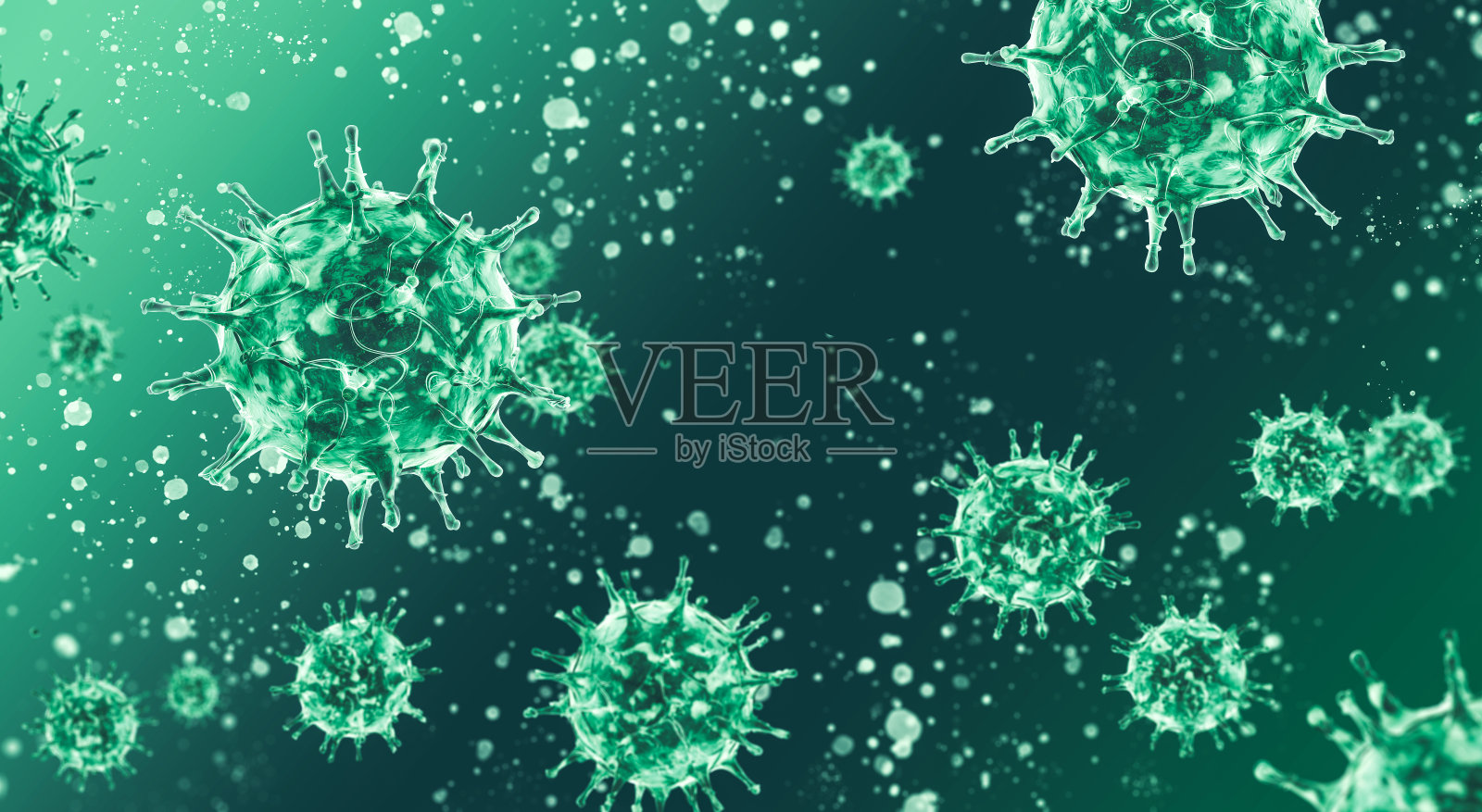 液体中的绿色病毒冠状病毒Covid-19流行病。HIV冠状病毒，流感- 3D插图照片摄影图片