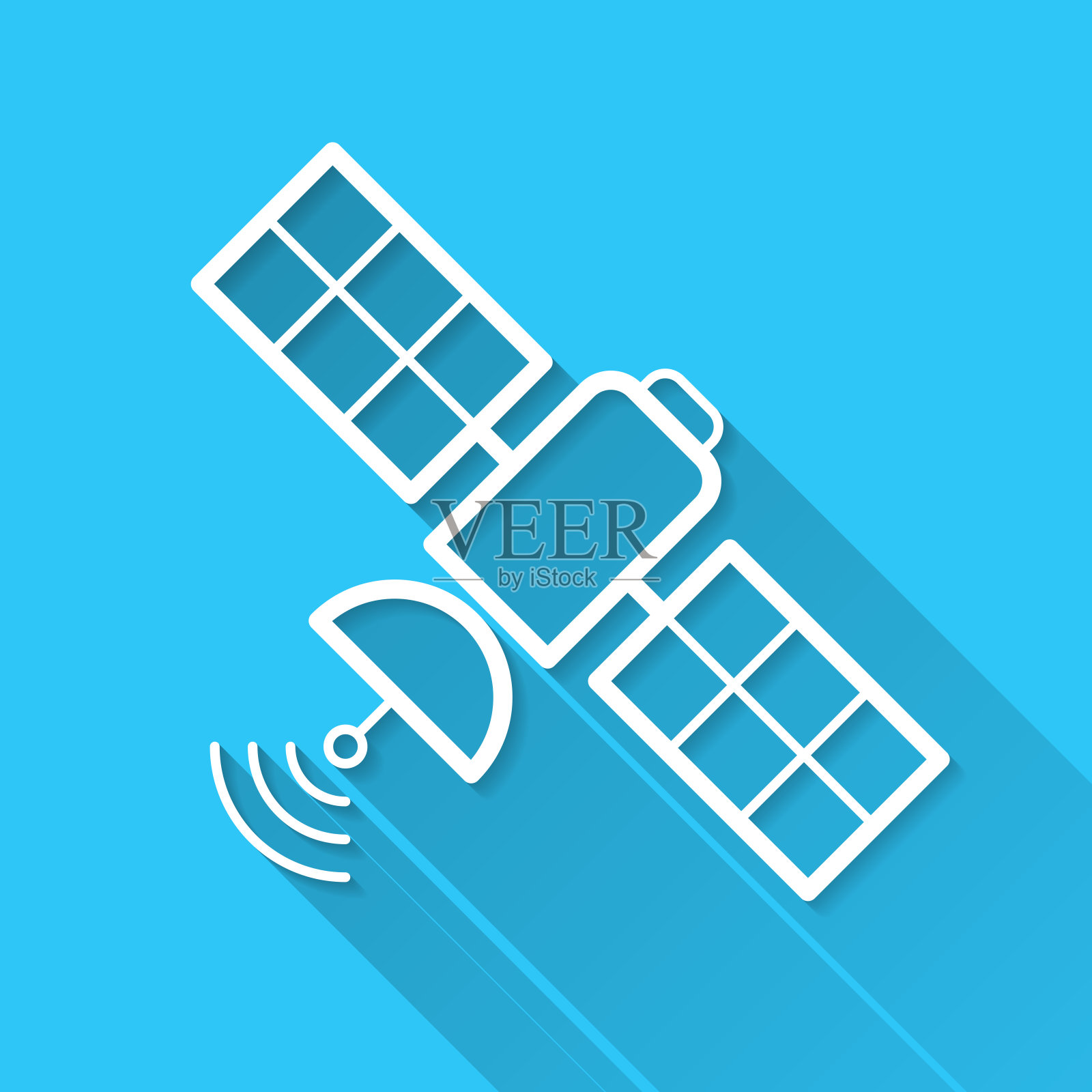 卫星。图标在蓝色背景-平面设计与长阴影插画图片素材