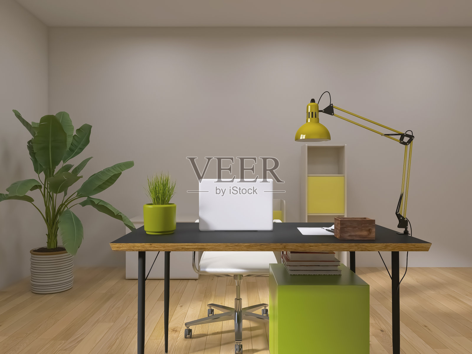 房间内部，桌面用电脑3d渲染，3d插图照片摄影图片