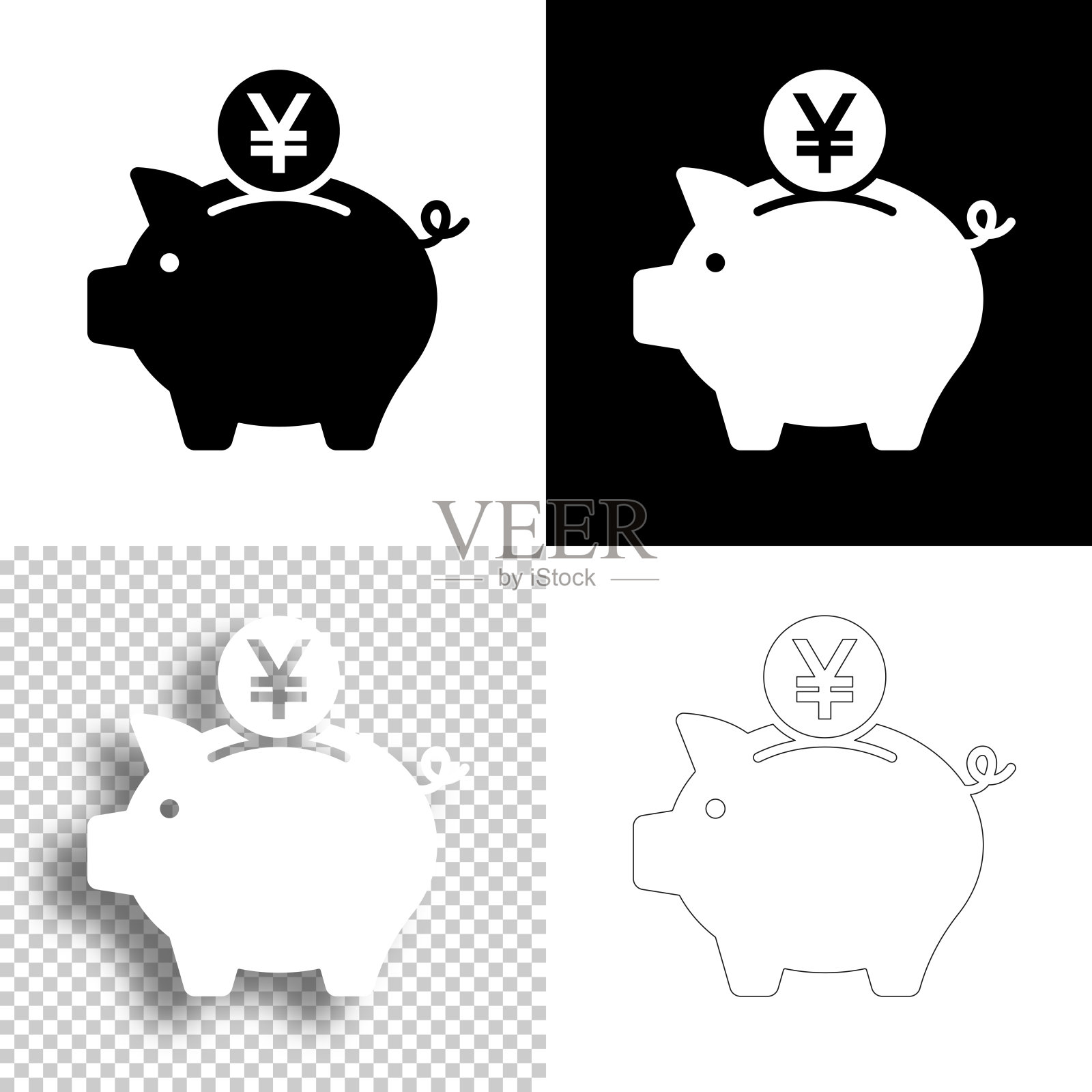 储蓄罐里有日元硬币。图标设计。空白，白色和黑色背景-线图标图标素材