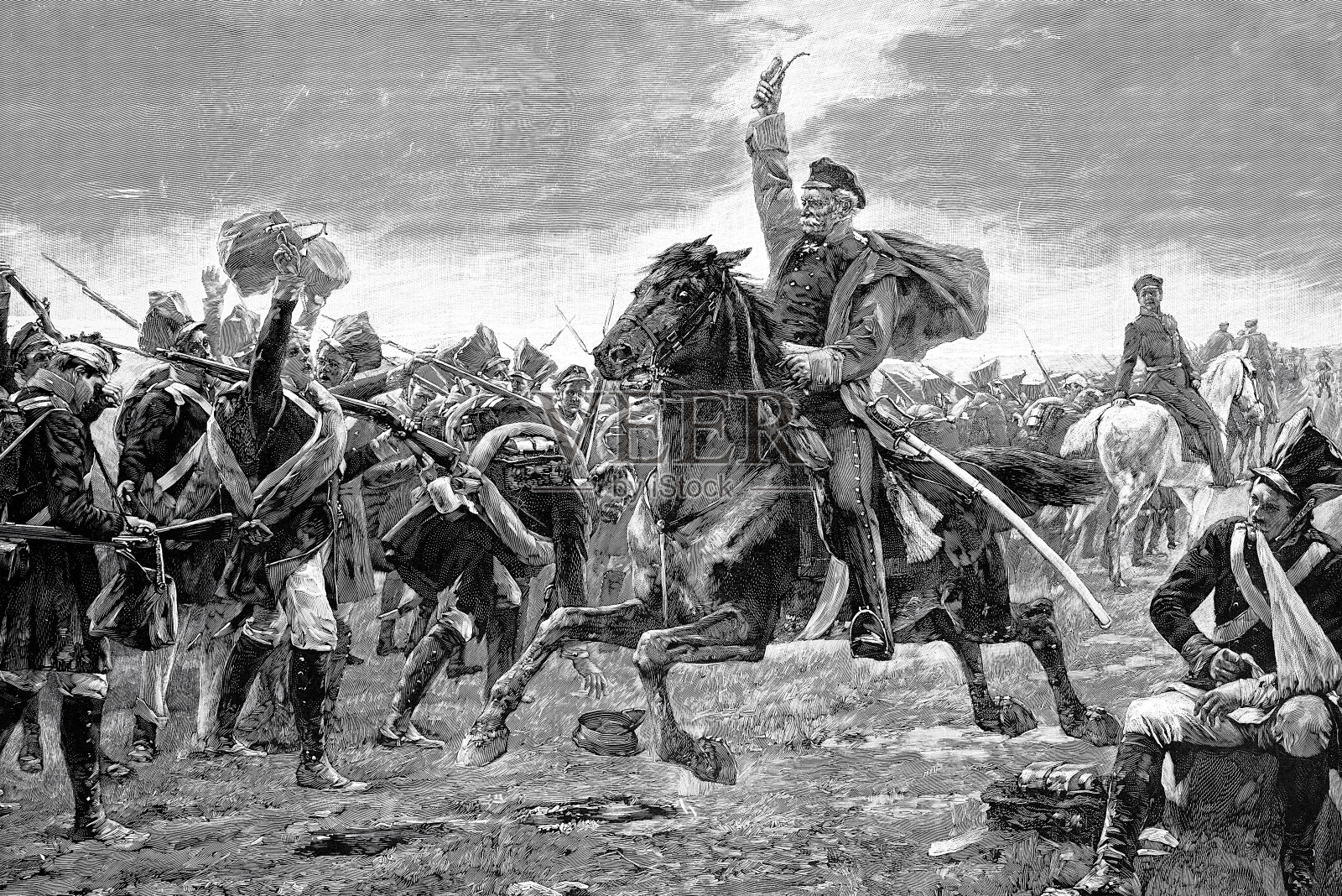 Blücher将军骑着马穿过他的士兵的队伍插画图片素材