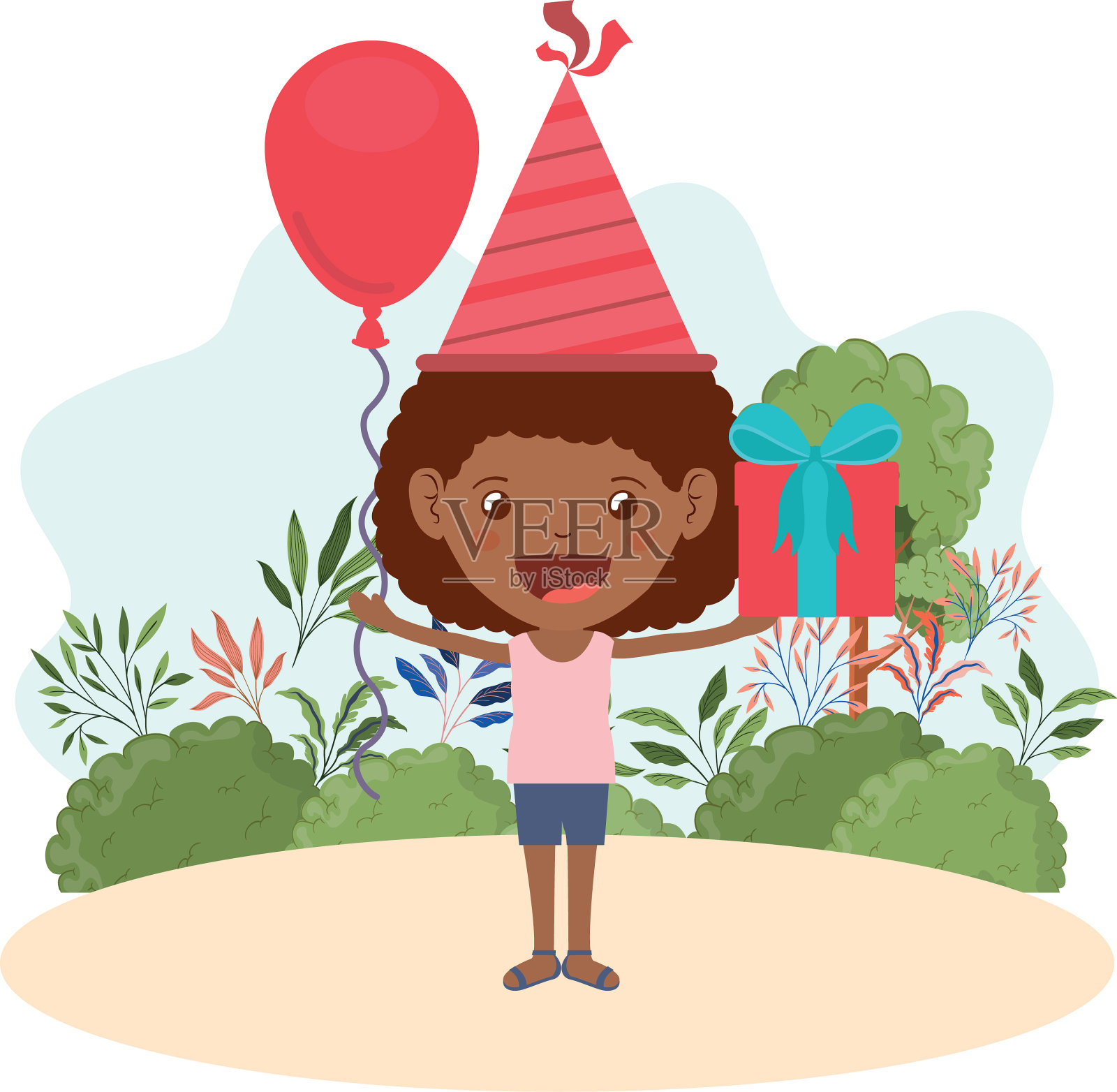 女孩与派对帽子和礼物盒在生日插画图片素材