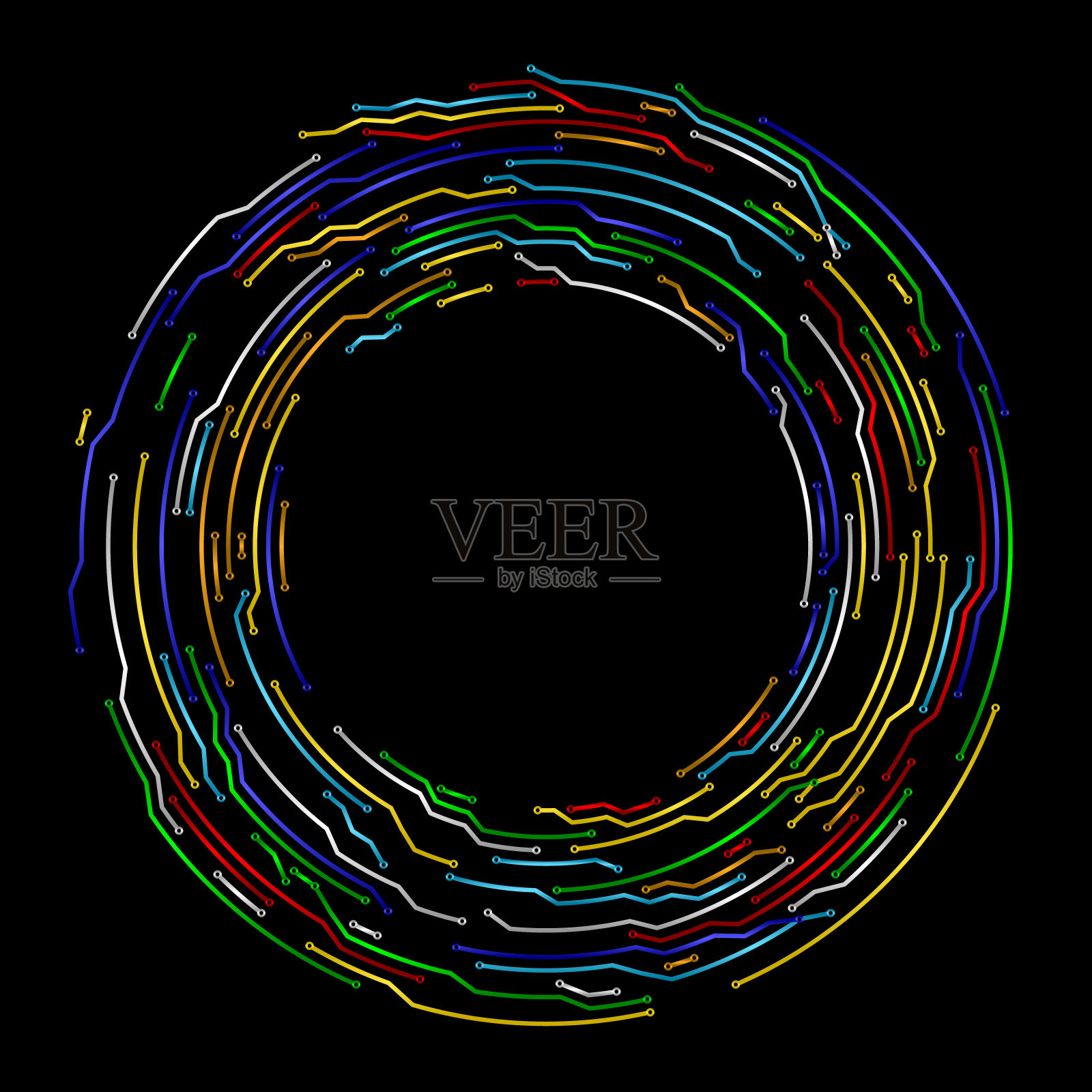 多色电路板风格抽象圆形电子背景图案。插画图片素材