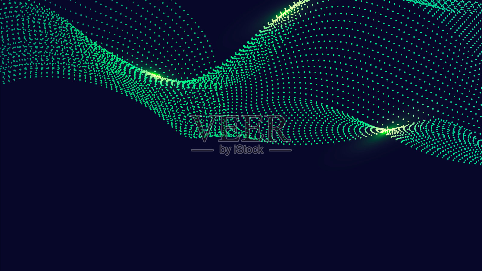 深蓝色抽象背景上的动态绿色粒子波线。抽象声音可视化。发光粒子波流的数字结构。插画图片素材