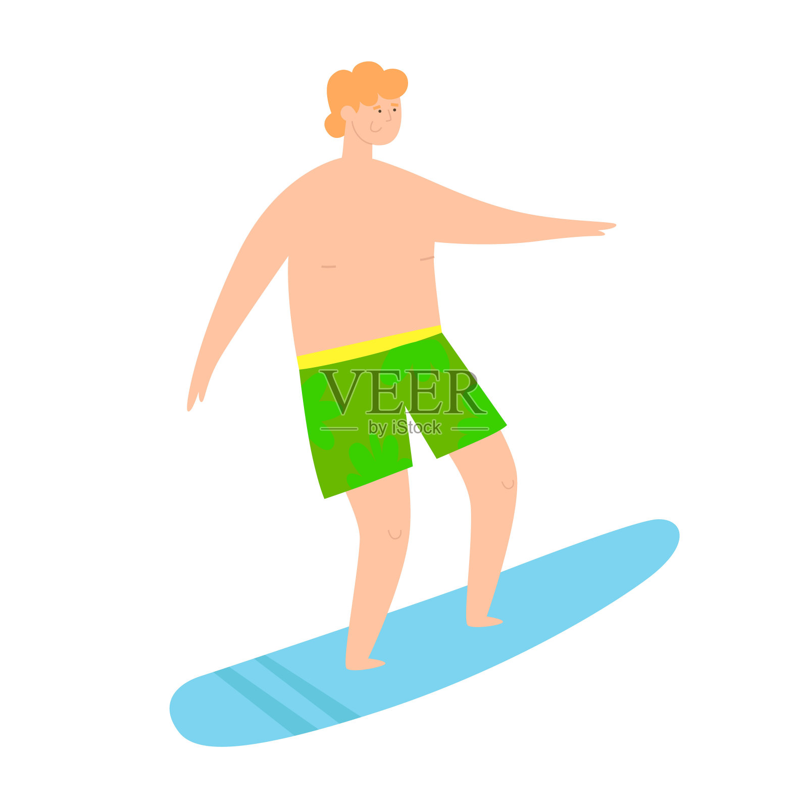 一个年轻人骑着冲浪板。夏天的时间。平面矢量插图在卡通风格插画图片素材