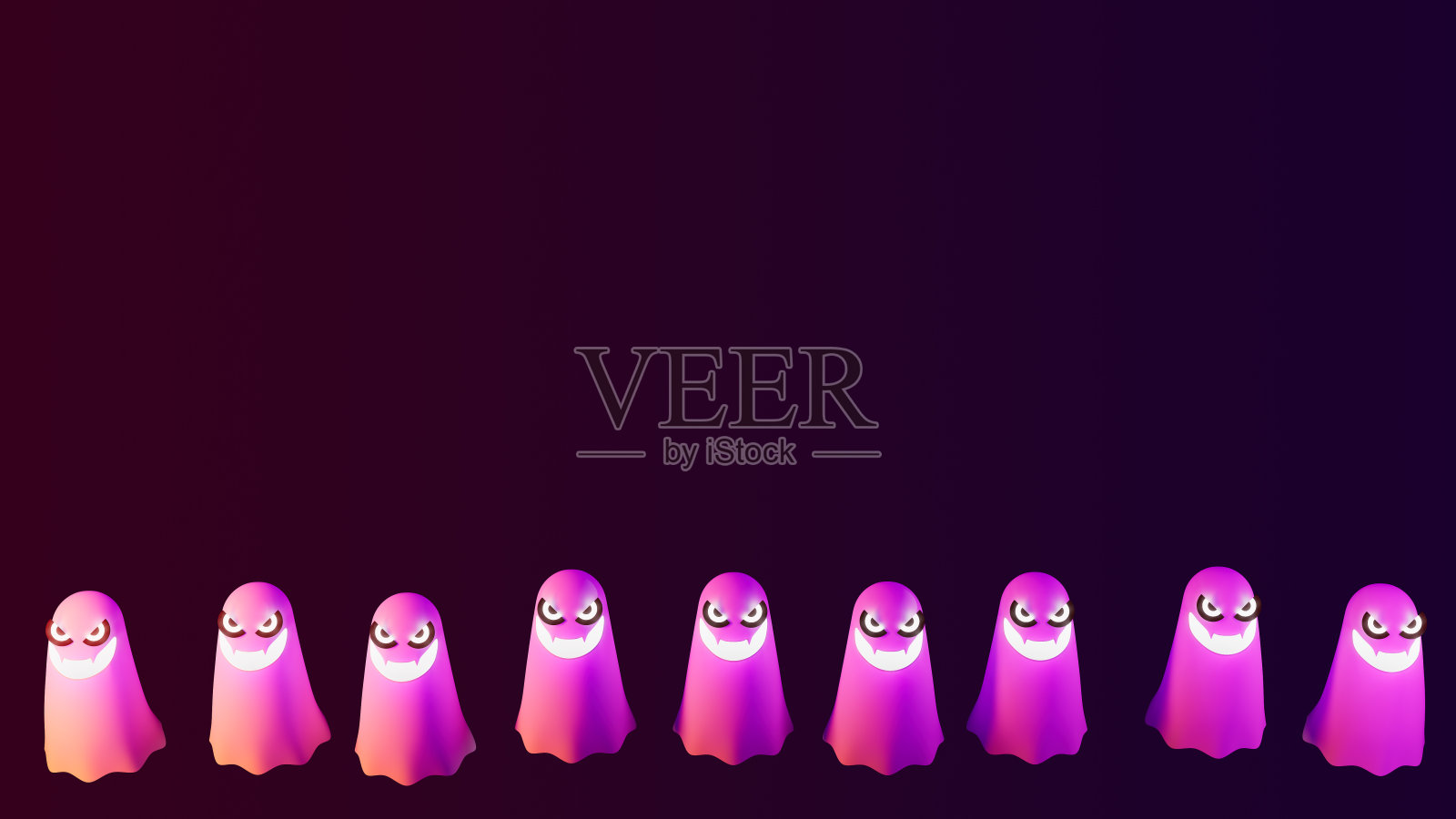 九个幽灵与发光的嘴和眼睛在黑暗的舞台，恐怖和万圣节主题，3d插图照片摄影图片