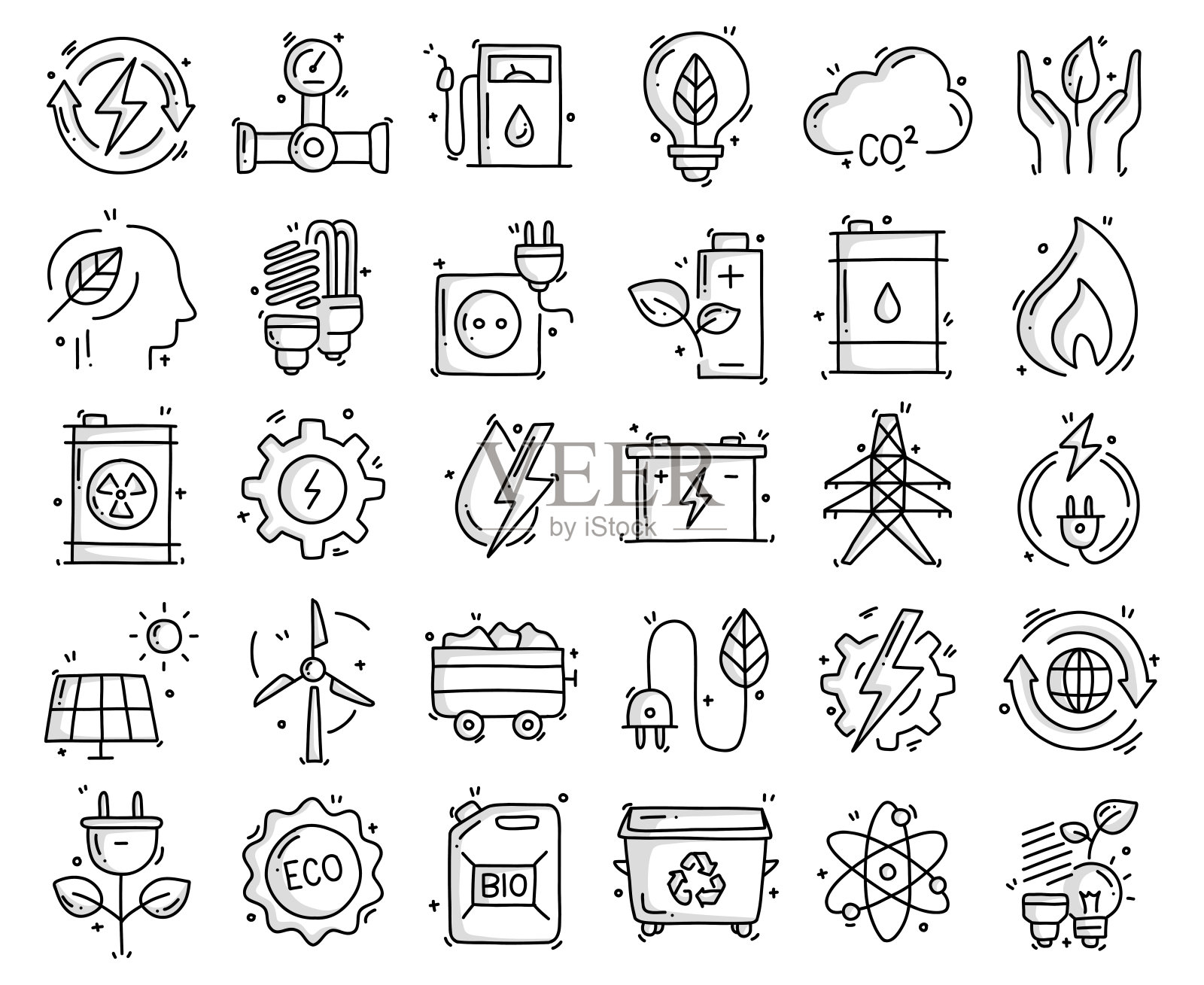 与动力和能量相关的物体和元素。手绘矢量涂鸦插图集。手绘图标集。插画图片素材