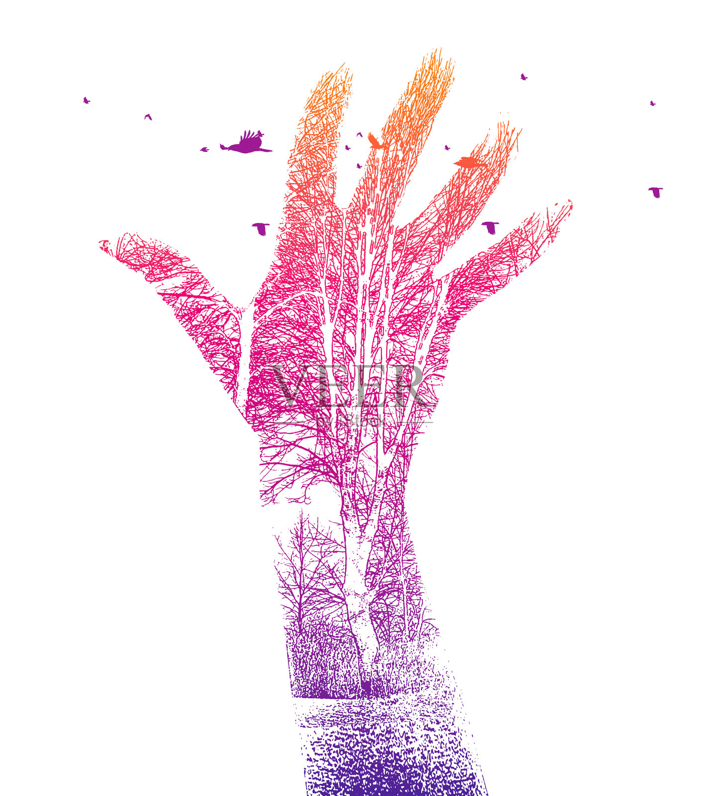 手、树和鸟多次暴露插画图片素材