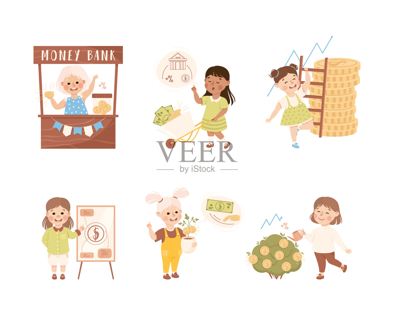 小女孩从事经济教育和金融素养学习储蓄和投资资金向量集插画图片素材