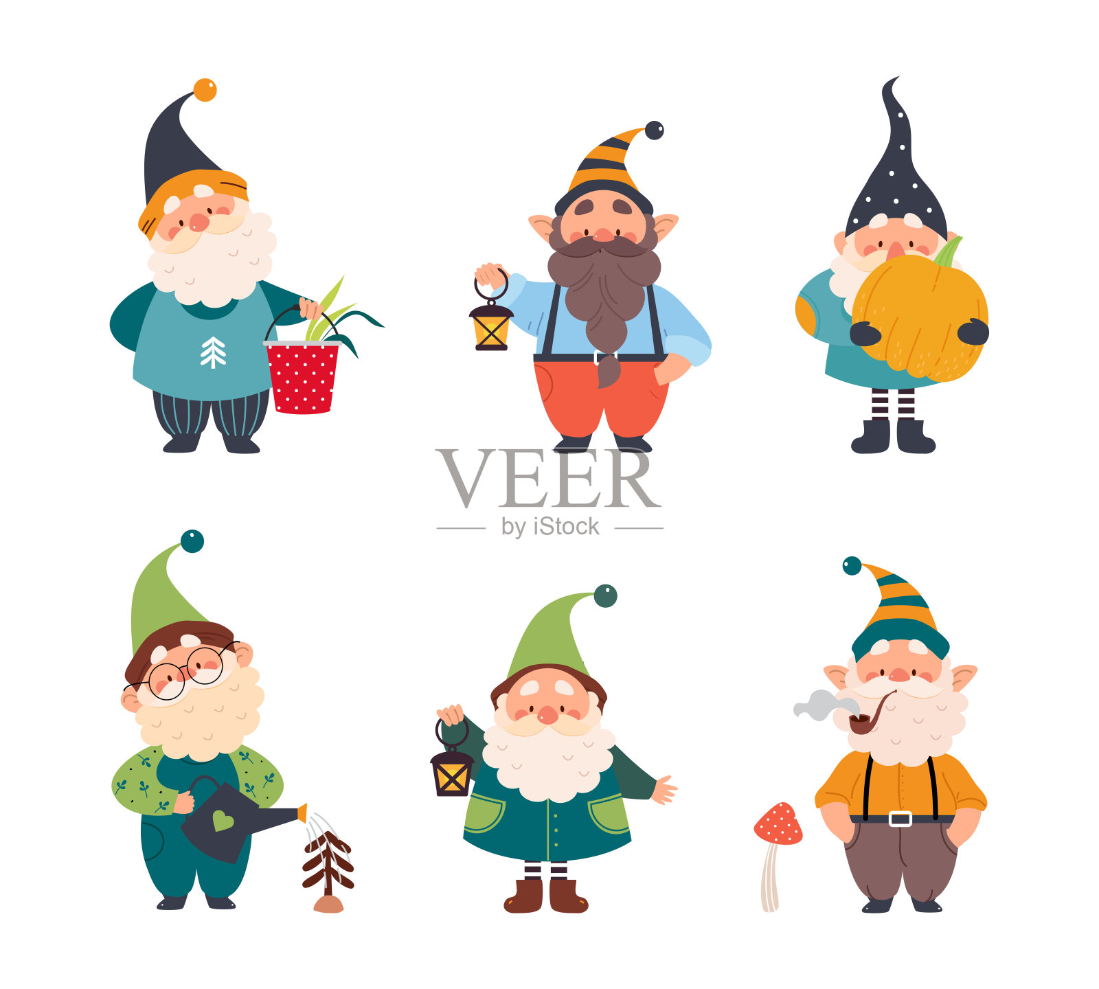 可爱的侏儒角色与胡子在尖帽子从事不同的活动向量集插画图片素材