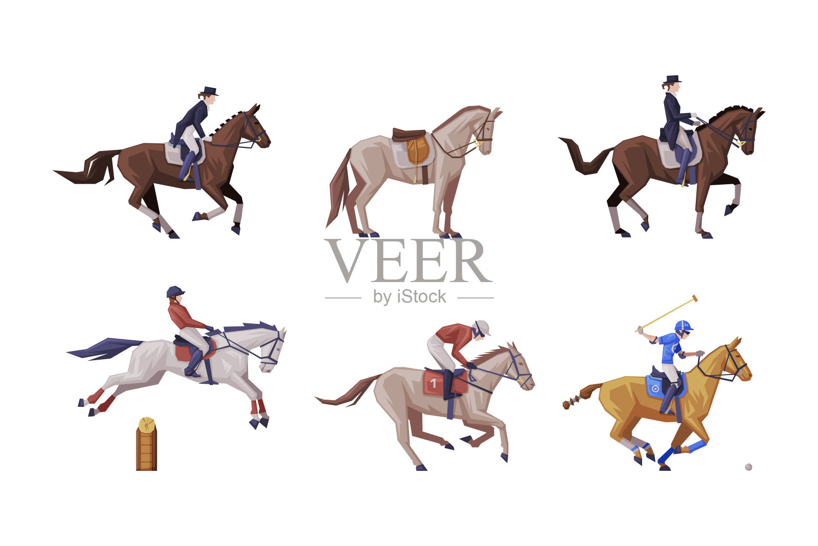 赛马骑师骑在马鞍上骑马作为马术运动向量集插画图片素材