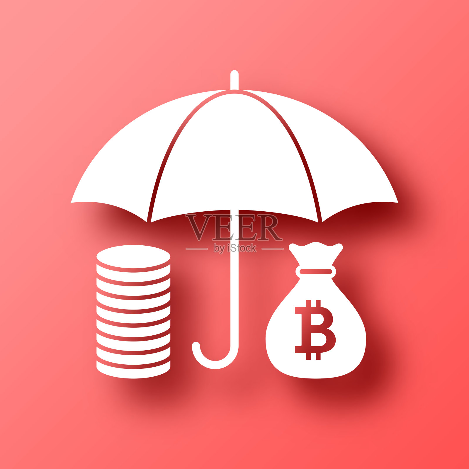 货币保护——比特币。图标在红色背景与阴影插画图片素材