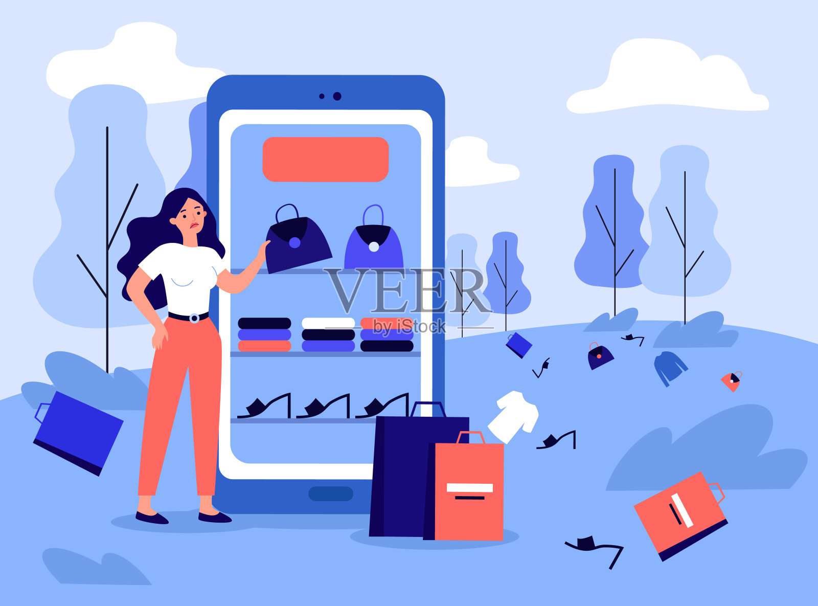 心烦的顾客购物的衣服在线矢量插图插画图片素材