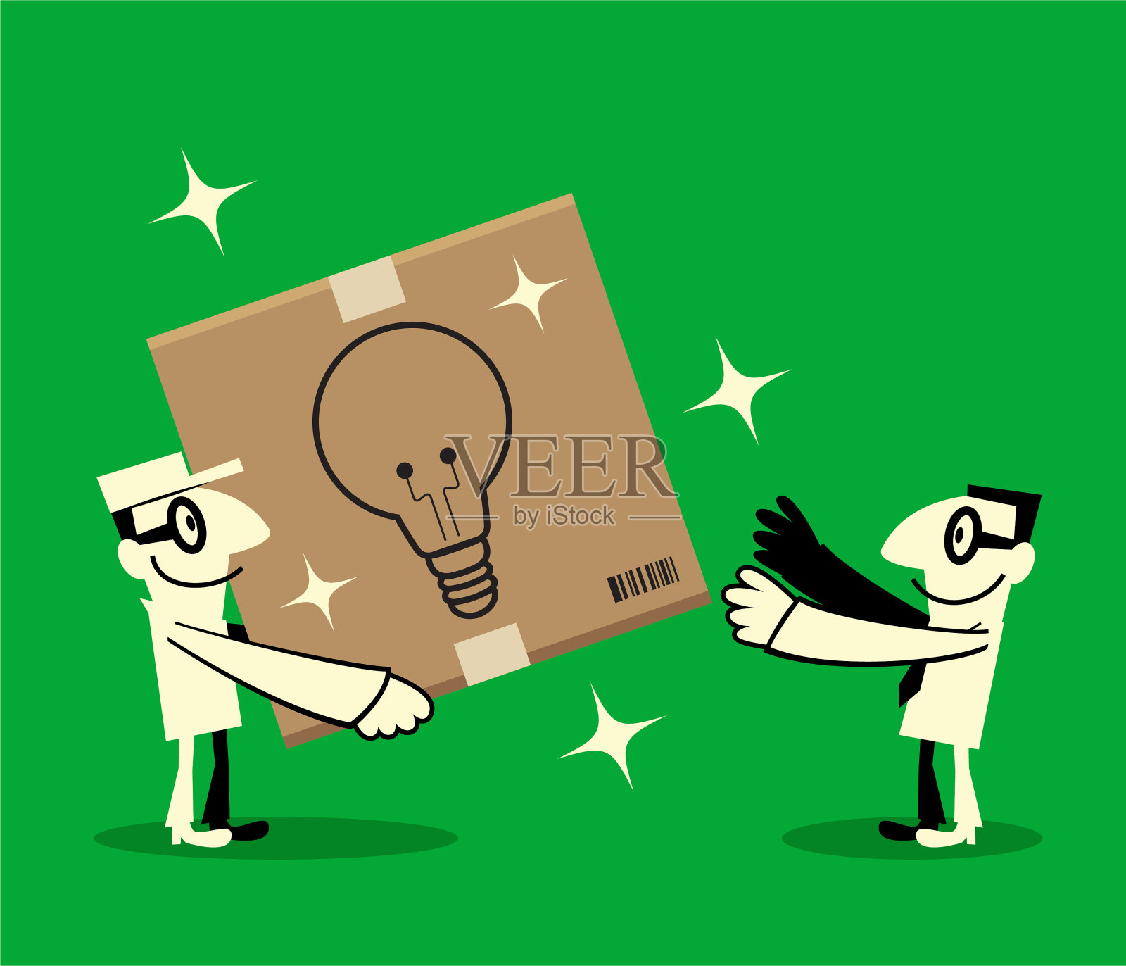 一名精力充沛的快递员正在给一位商人送一个装着创意灯泡的纸箱插画图片素材