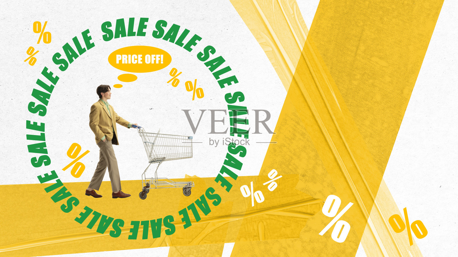 当代艺术拼贴。年轻人推着购物车，去逛商店买物美价廉的东西。销售旺季照片摄影图片