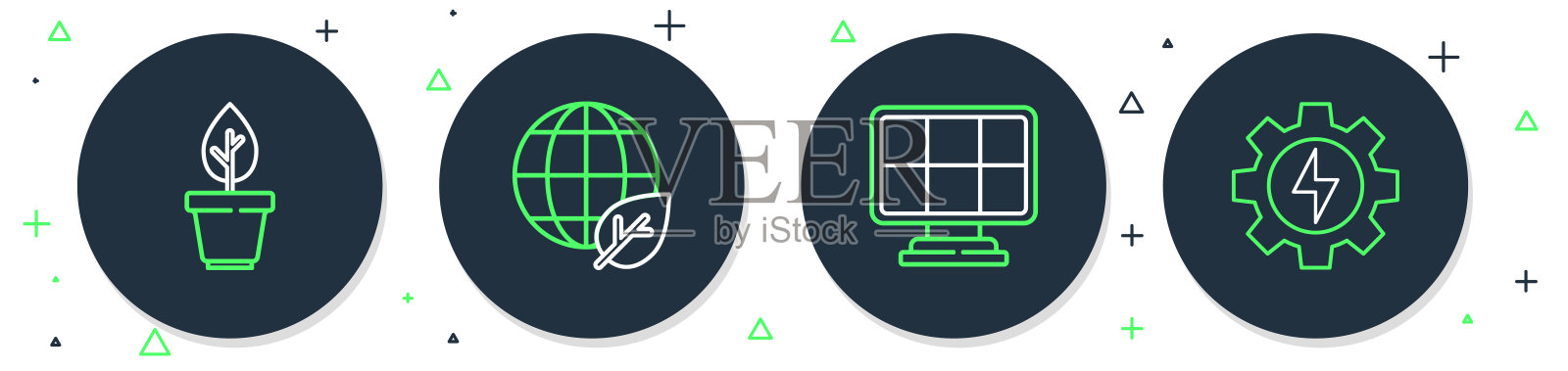 设置线地球和叶片，太阳能板，植物在锅和齿轮闪电图标。向量图标素材
