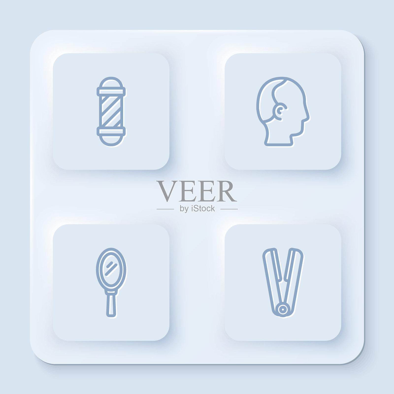 集线经典理发店杆，秃顶，手镜和卷发铁的头发。白色方形按钮。向量插画图片素材