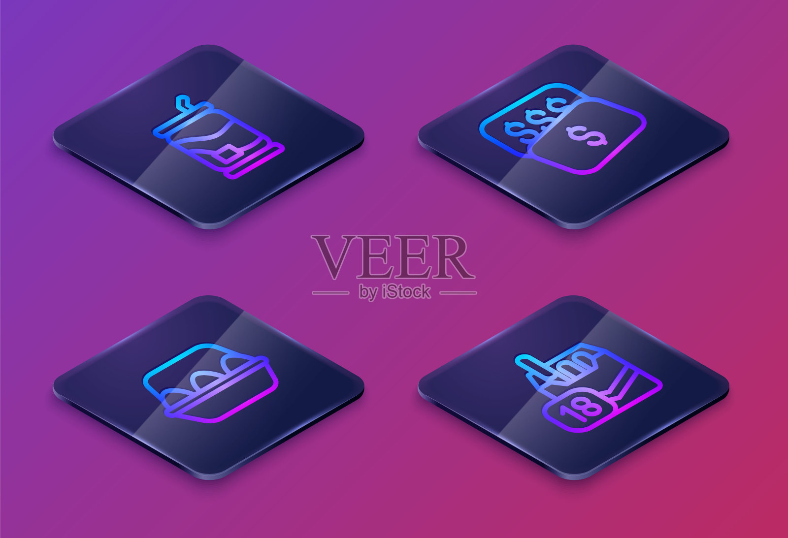 设定等距线汽水罐，鸡蛋盒，新的价格标签美元和香烟包装。蓝色方形按钮。向量插画图片素材