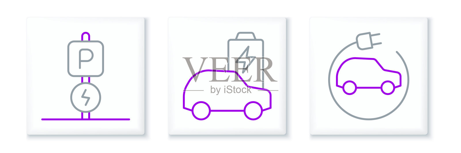 设有线路电动汽车、充电停车电动及图标。向量插画图片素材