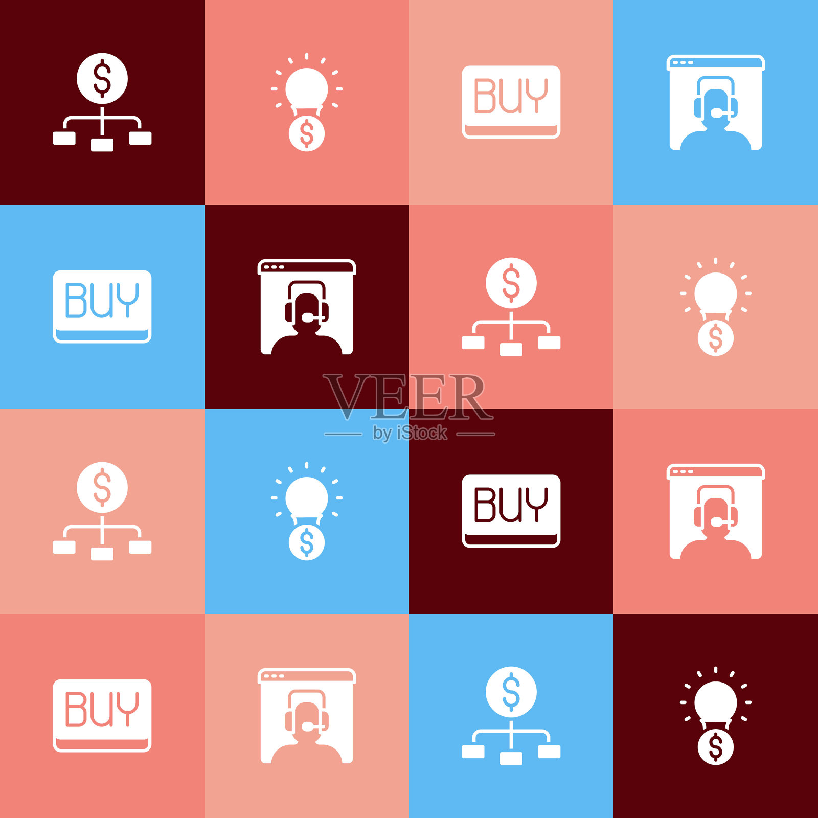 设置流行艺术等级与美元，灯泡，购买按钮和电话24小时支持图标。向量插画图片素材