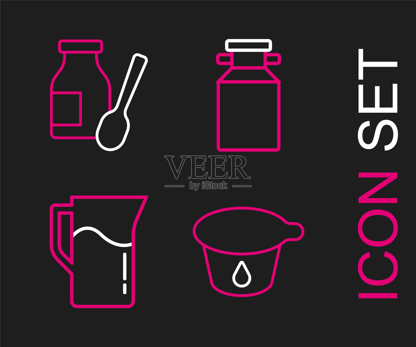 设定线酸奶容器，牛奶罐或水罐，牛奶罐和饮用酸奶瓶图标。向量图标素材