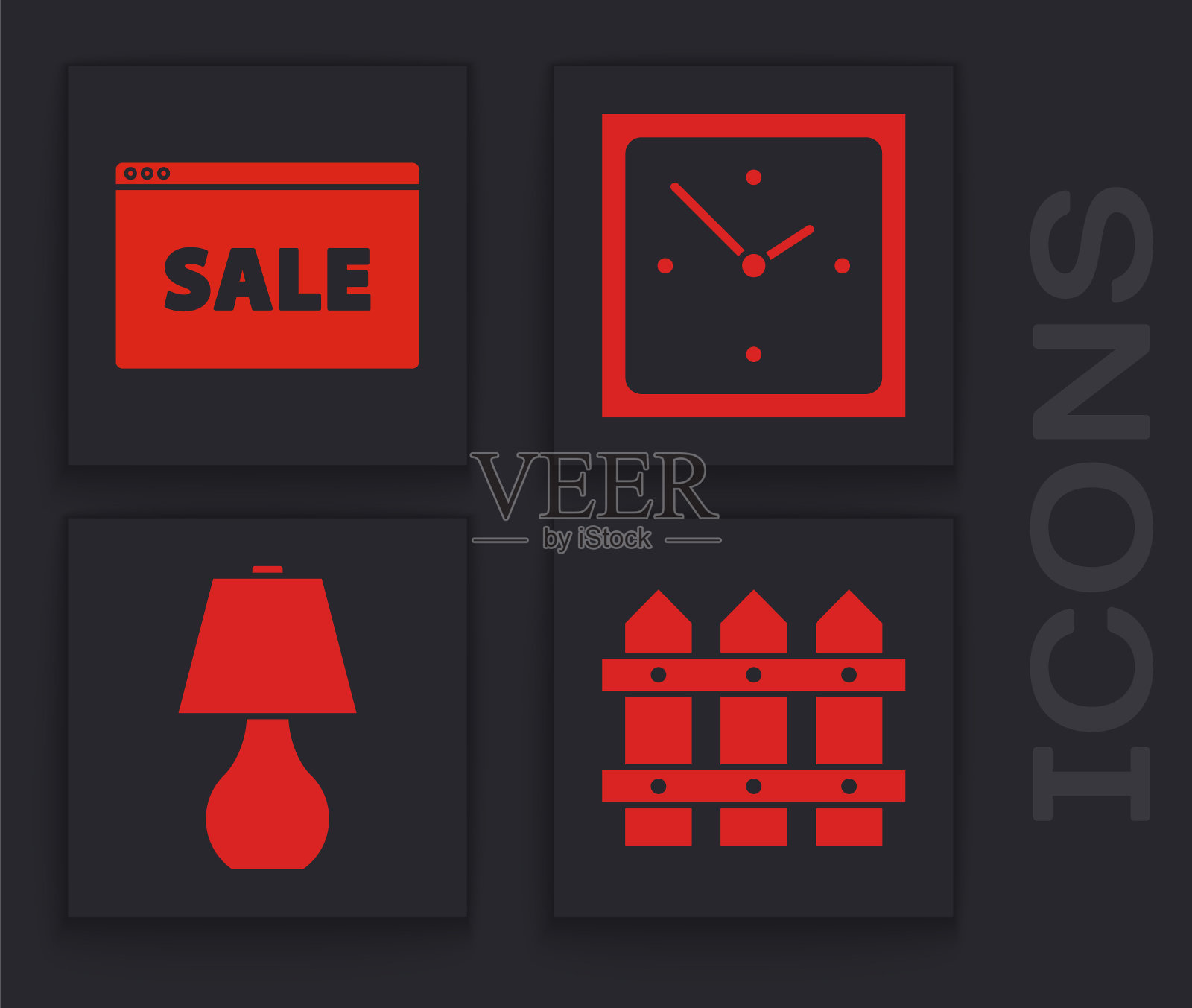 集花园栅栏木制，挂标志与文字在线销售，时钟和台灯图标。向量图标素材