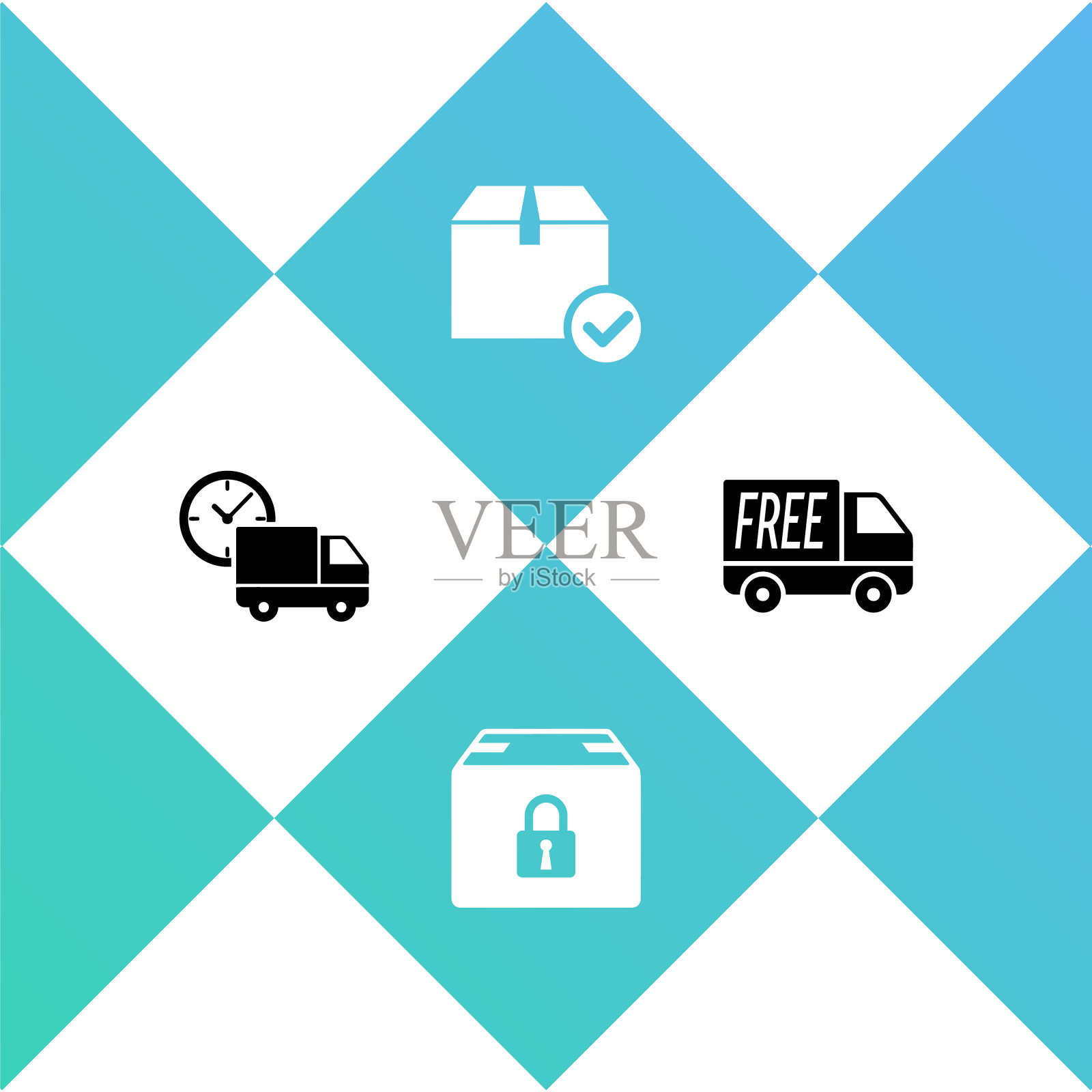设置送货车和时钟，锁定包裹，包裹盒上有复选标记和免费送货服务图标。向量插画图片素材