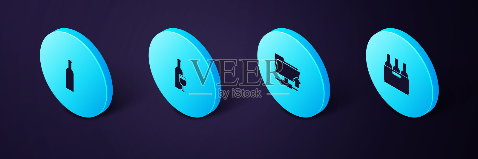 设置等距瓶酒在盒子里，FTP文件夹上传，酒瓶与玻璃和图标。向量图标素材