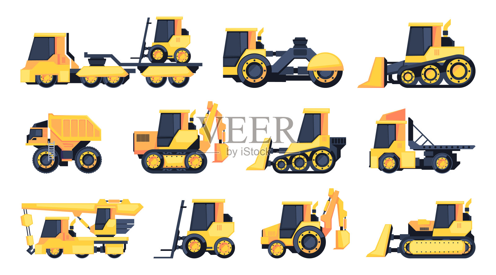 工程机械。道路建筑重型设备，挖掘机，挖掘机，起重机，自卸车，工业工程设备。向量组插画图片素材