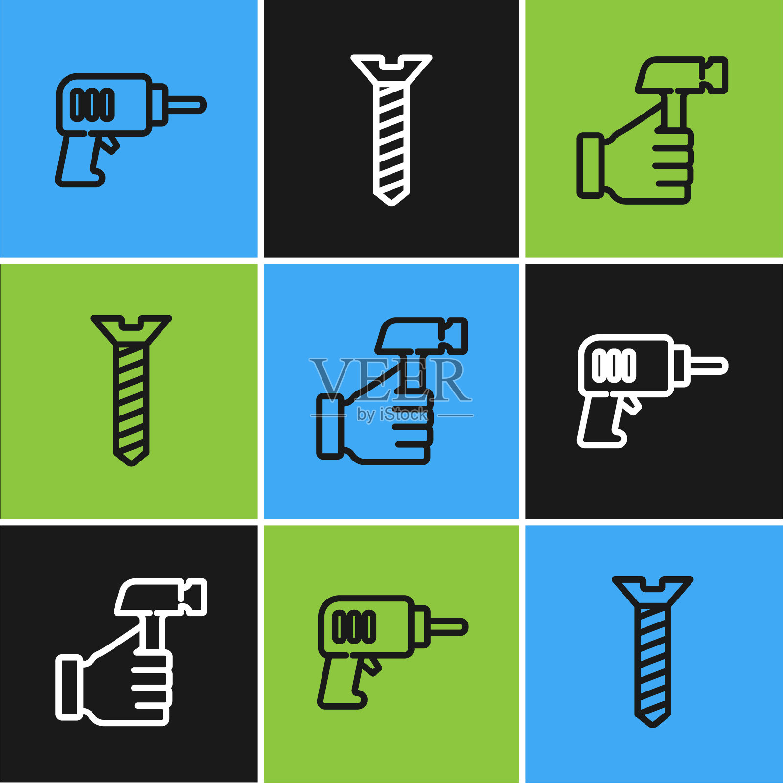 成套电钻、锤子、金属螺杆。向量插画图片素材