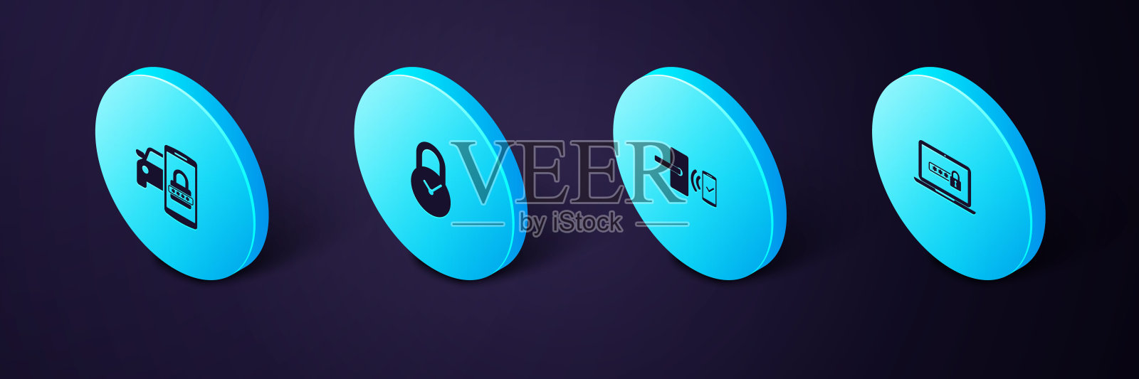 设置等距笔记本电脑密码，数字门锁无线，挂锁时钟和智能汽车安全系统图标。向量图标素材