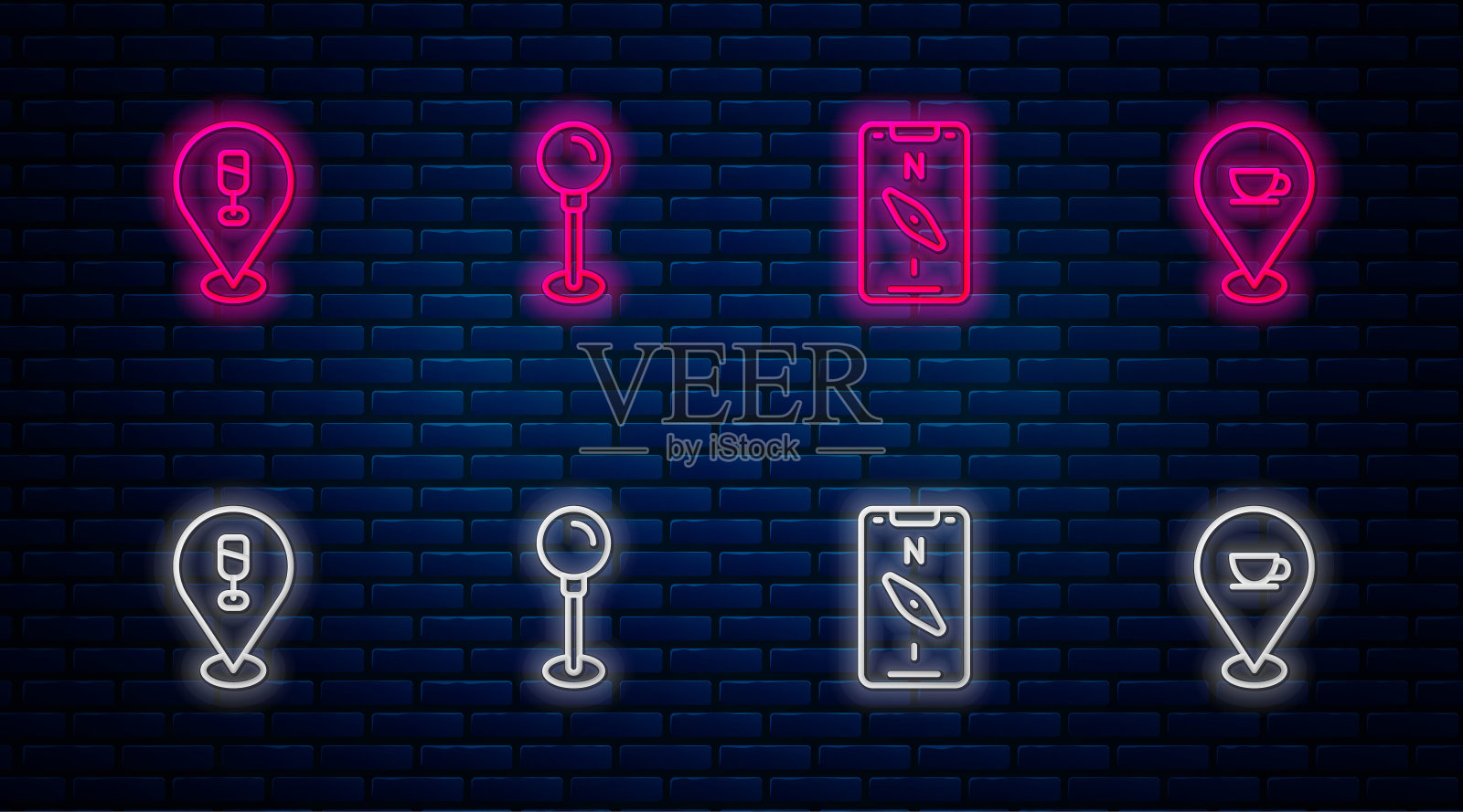 设置线推针，移动指南针，酒精或啤酒酒吧的位置和位置与咖啡杯。砖墙上发光的霓虹灯图标。向量插画图片素材