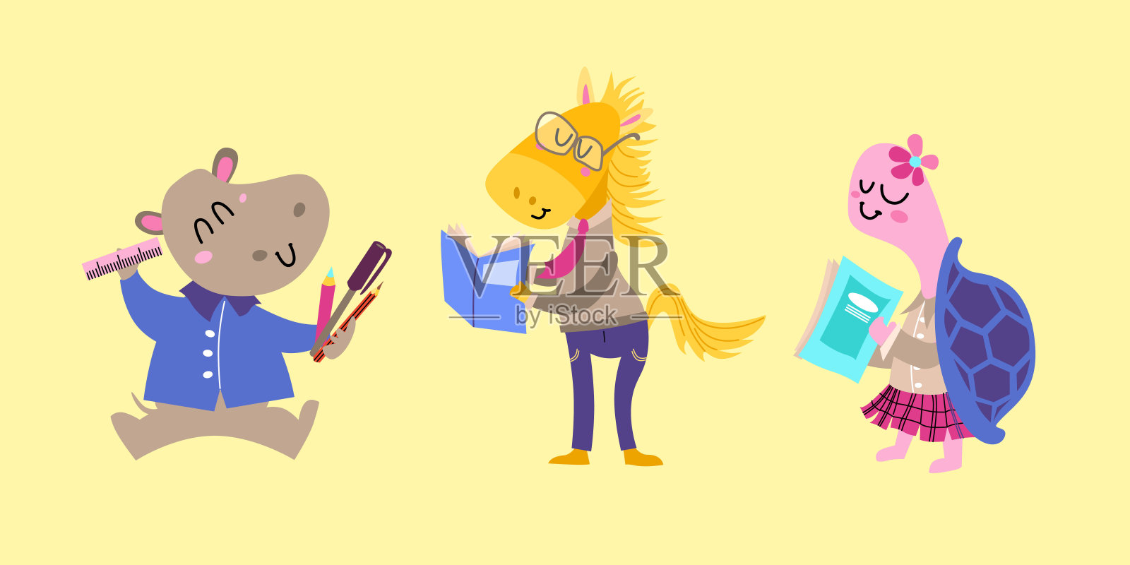 学校可爱卡通模板。课上五颜六色的动物人物。《返校记》以卡通风格为背景插画图片素材