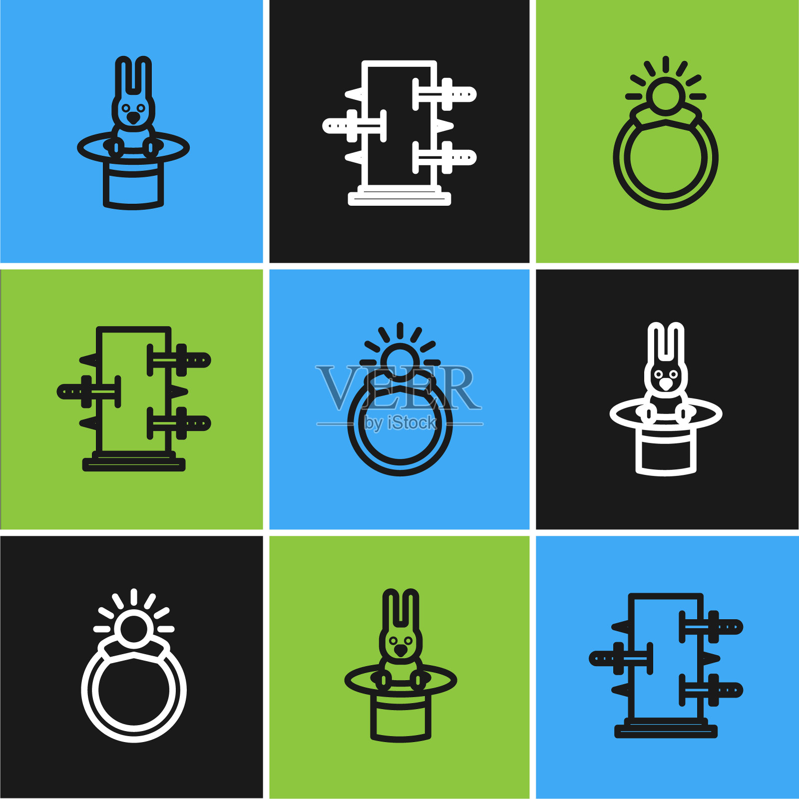 设置线魔术师帽子和兔子，石头戒指与宝石和树干魔术图标。向量插画图片素材