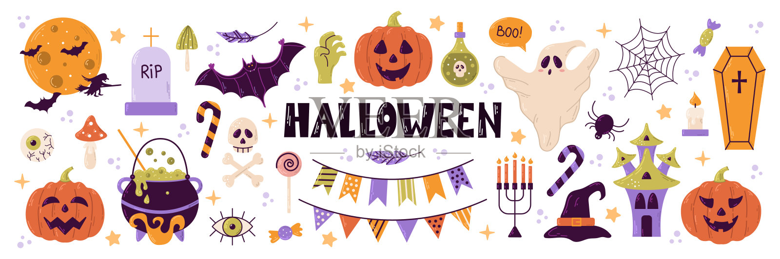 万圣节的一套元素，鬼，南瓜和蝙蝠。矢量是手绘风格的可爱插图插画图片素材