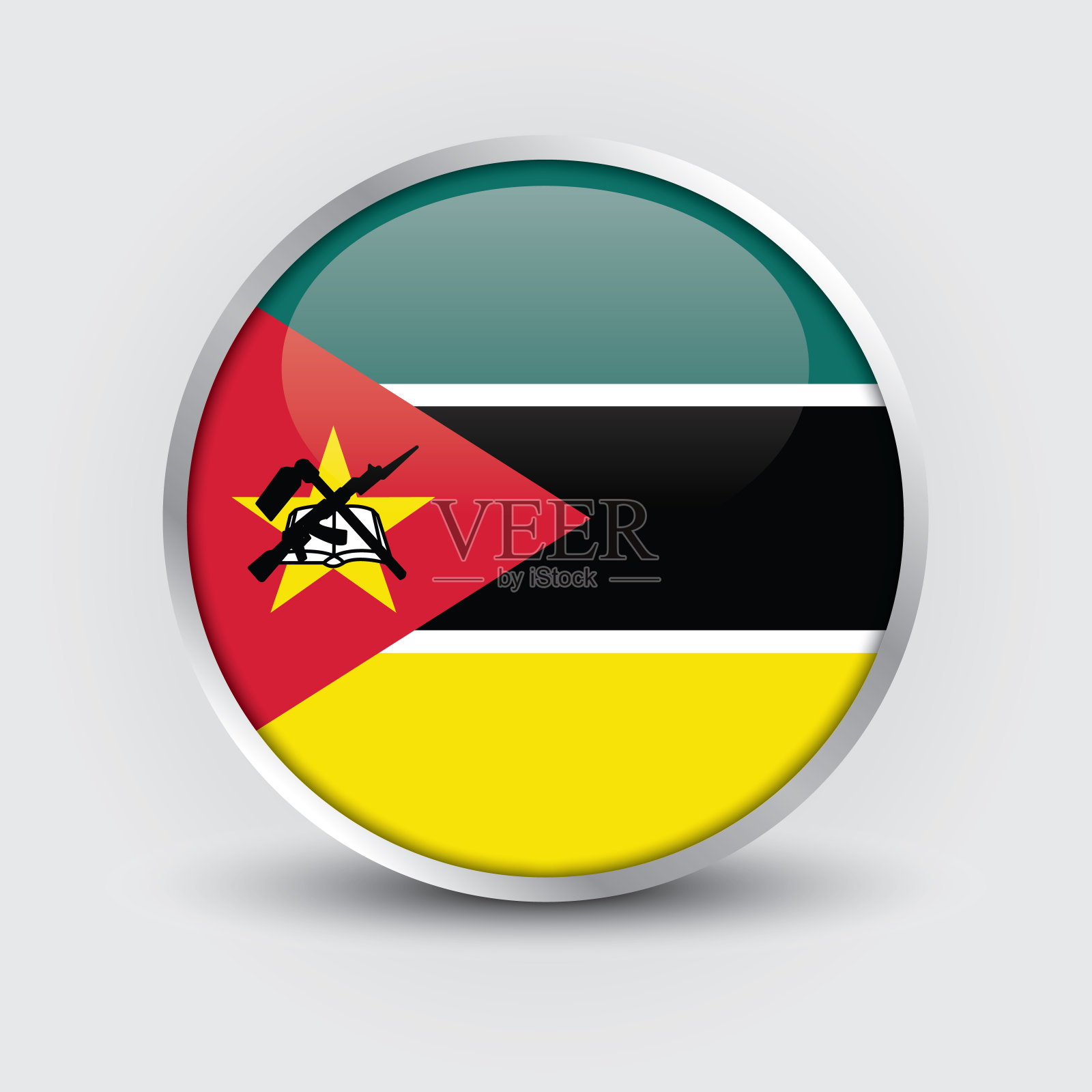 莫桑比克圆形旗帜设计，用作徽章、按钮、带阴影反射的图标插画图片素材