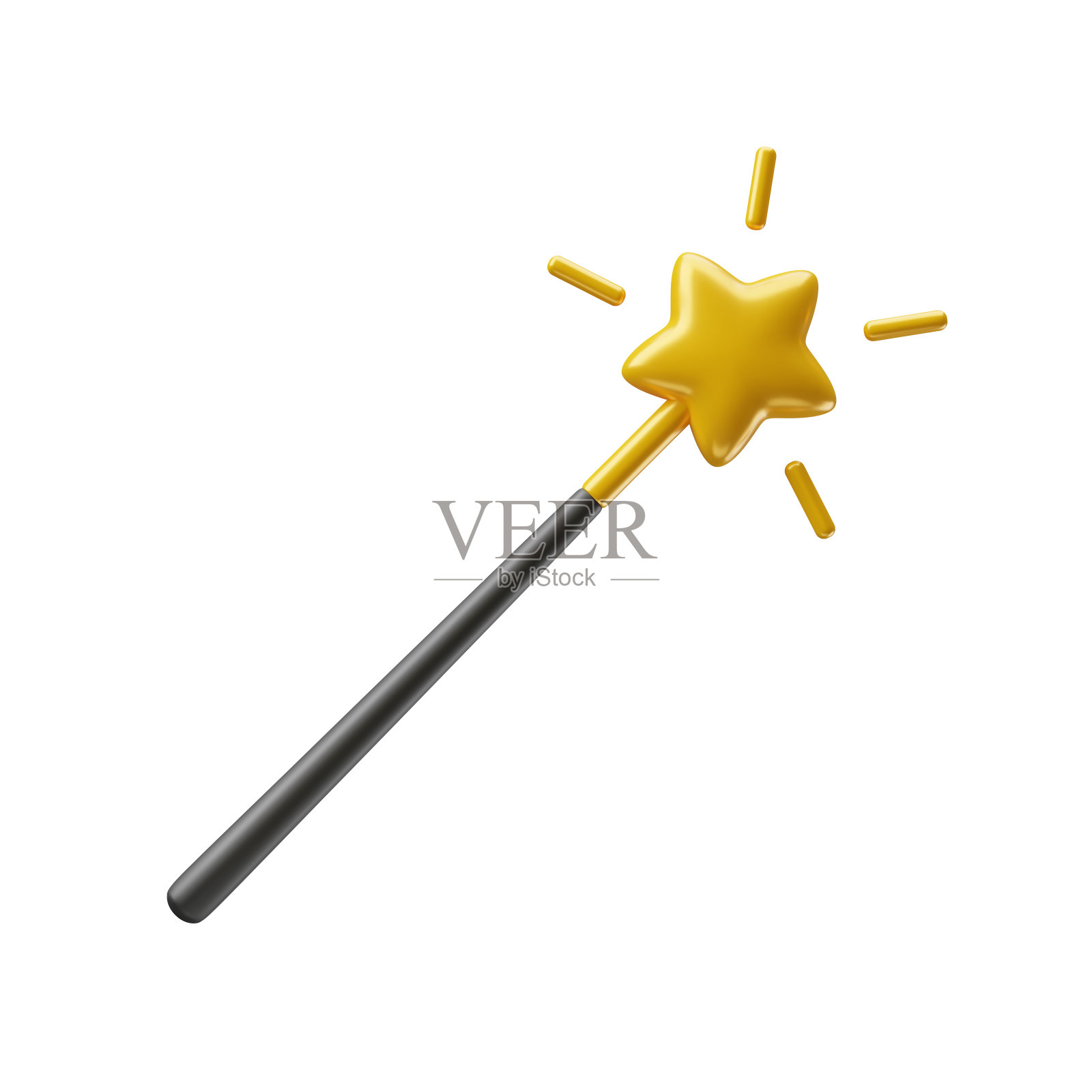 黑色魔术棒与金色的星星和闪烁3d逼真的风格插画图片素材