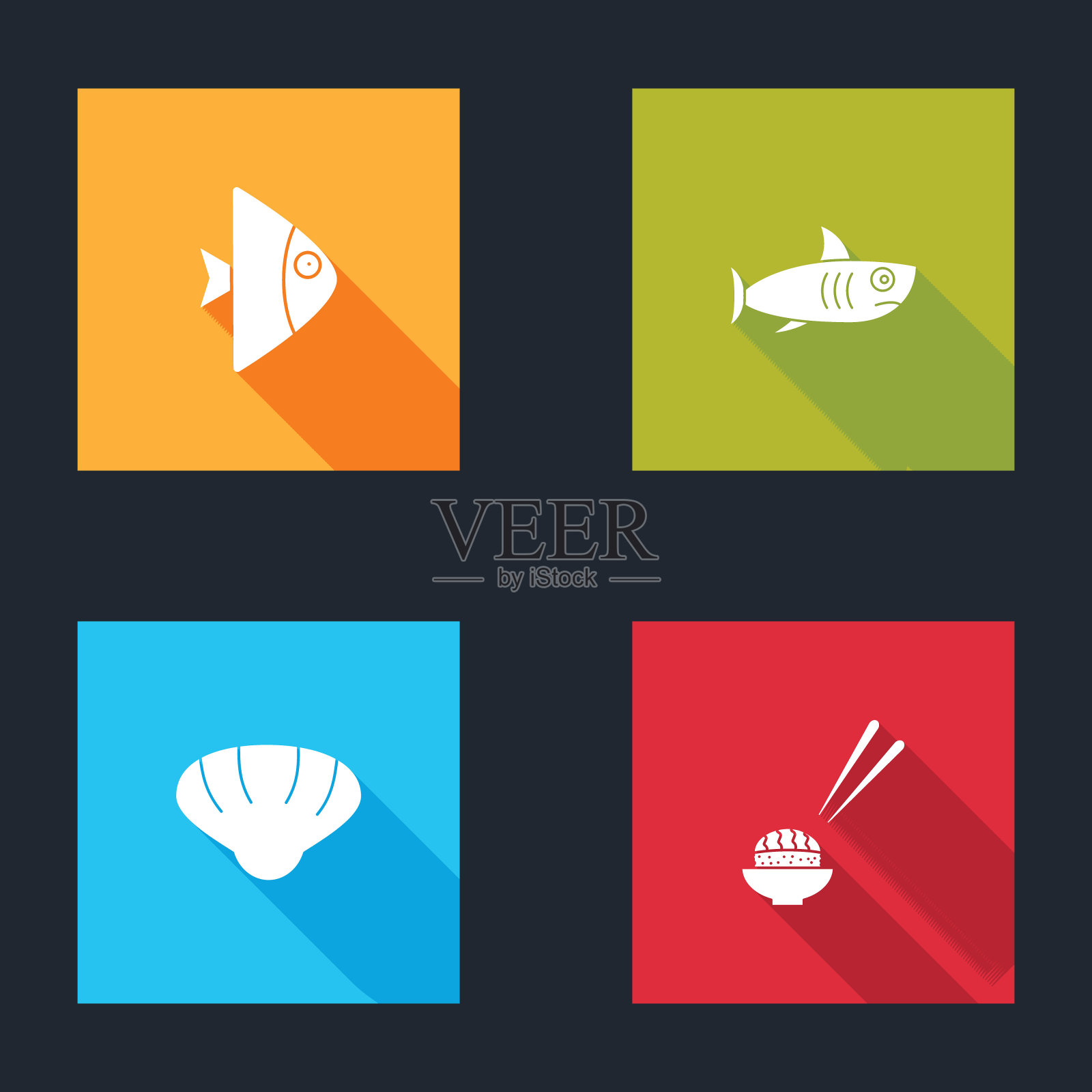 集鱼，鲨鱼，扇贝海贝壳和寿司图标。向量图标素材