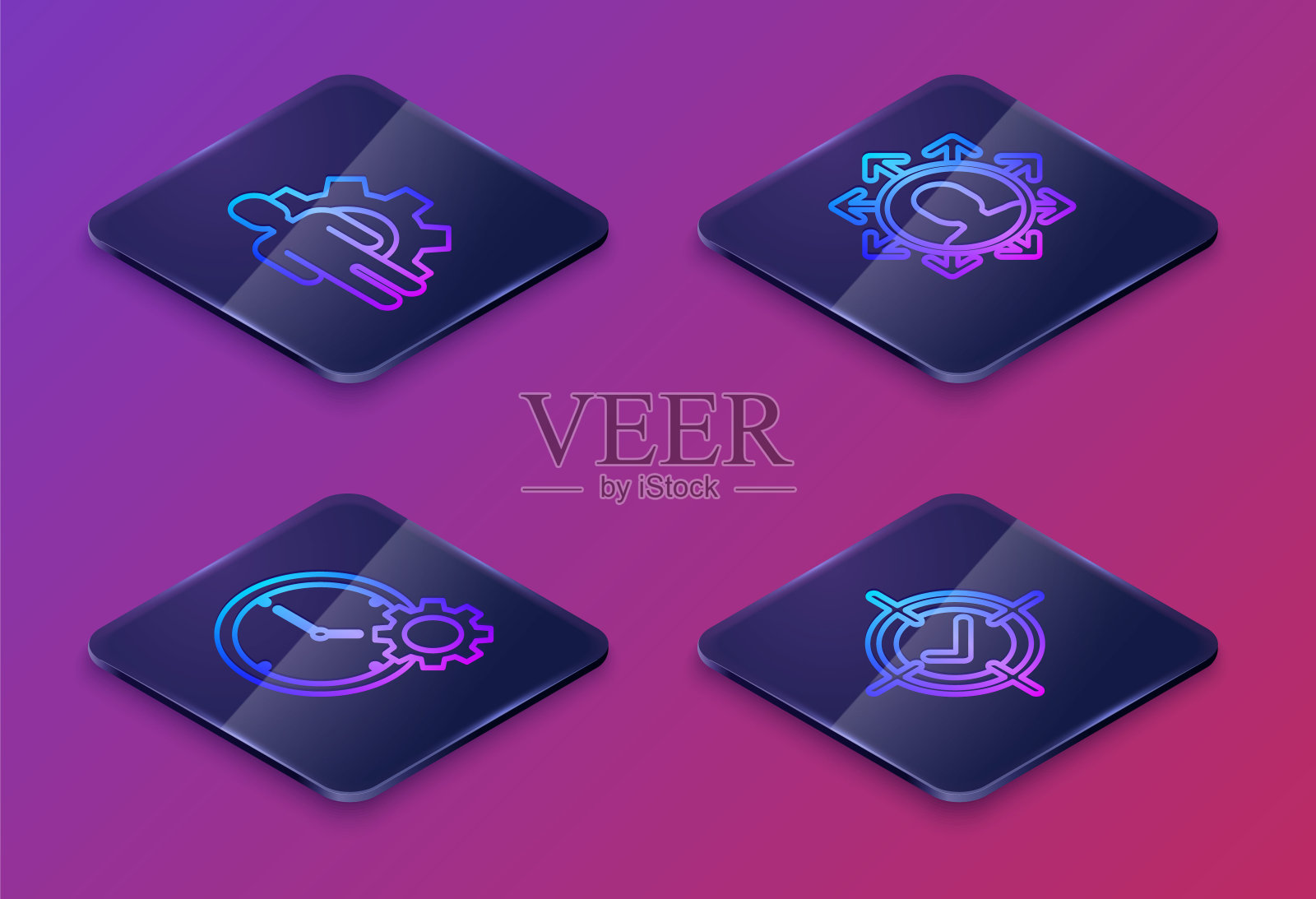 设定等距线，人与齿轮，时间管理，项目团队基础和目标，并勾选标记。蓝色方形按钮。向量插画图片素材