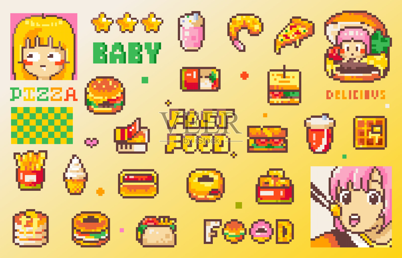 像素艺术快餐贴纸集。8位的复古视频游戏元素，如披萨，汉堡，薯条，冰淇淋，早餐美味的一餐，三明治，饮料，矢量图形的图标，贴纸，表情符号，头像。插画图片素材