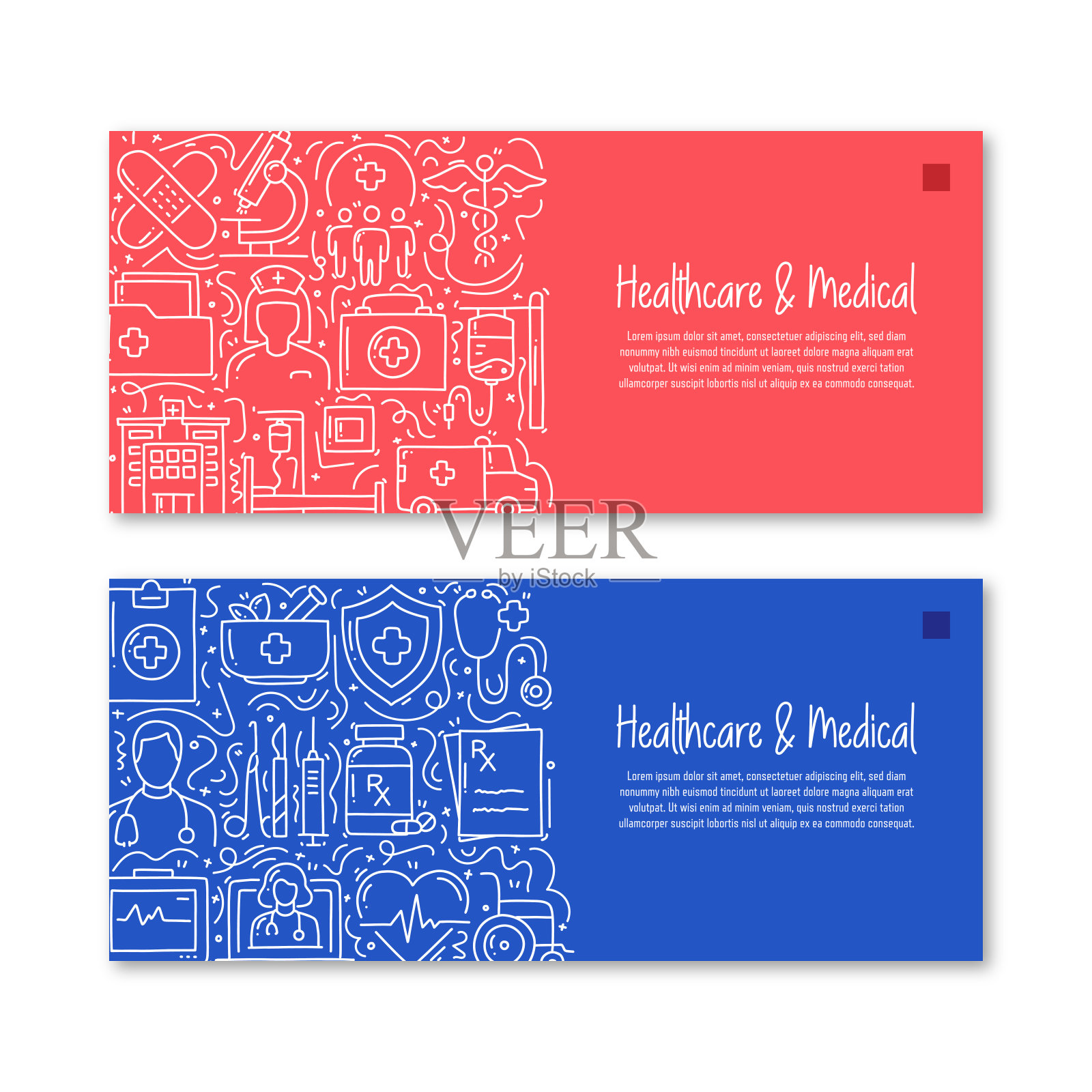 医疗保健和医疗相关对象和元素。手绘矢量涂鸦插图集合。带有不同医疗保健和医疗对象的横幅模板插画图片素材